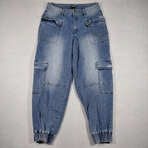 Hot Topic Womens Blue Denim Cargo Jogger Jeans with Chain Detail Size 11
